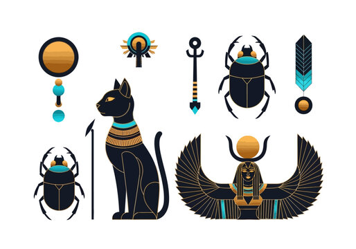 Elegant Collection of Ancient Egyptian Symbols featuring Bastet Cat, Scarab Beetles, and Winged Goddess Isis in Modern Gold and Teal Vector Art Style