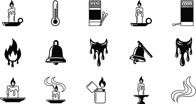 Fire and heat related icon set featuring candle flame thermometer bell melted wax silhouette collection isolated on white background