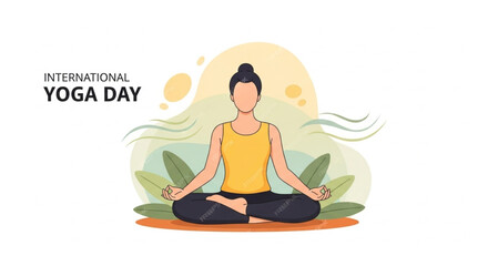 Obraz premium A serene woman meditates in lotus position on International Yoga Day with green leaves and a sunny background