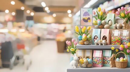 Fototapeta premium Easter holiday display in supermarket aisle with colorful painted eggs bunnies tulips candy baskets and gift bags. Spring seasonal shopping concept for celebration and decoration