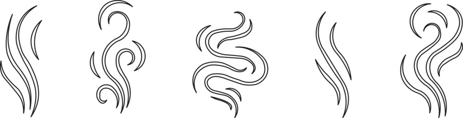 Fototapeta premium Collection of smoke swirl icons and abstract steam symbols. Curvy flowing shapes and minimalist vector design