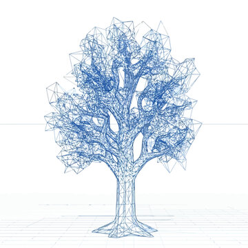 A detailed illustration of a tree with geometric shapes and lines on a white surface