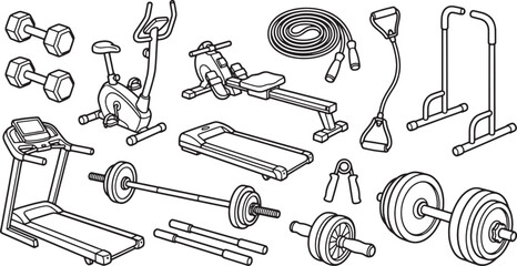 Gym equipment outline icon set with treadmill dumbbell bicycle rower barbell and fitness tools vector © Open Expression