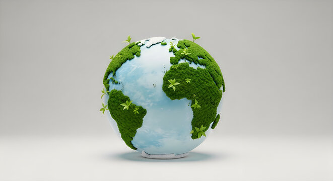 Green earth with leaves on continents against gray background