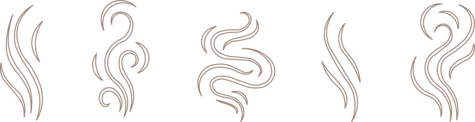 Fototapeta premium Collection of smoke swirl icons and abstract steam symbols. Curvy flowing shapes and minimalist vector design