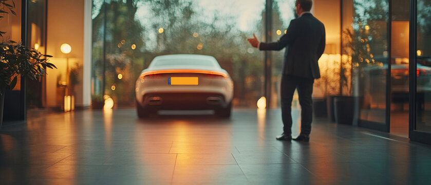 A man in a suit points to a white car in a brightly lit car showroom, which serves as the main backdrop for car sales.