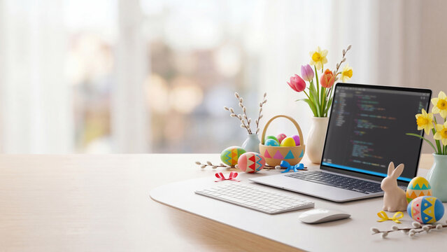 Easter decorations on modern office desk with open laptop. Colorful eggs, bunny figurine and spring flowers like tulips and pussy willows. Holiday workspace concept blending productivity and festive