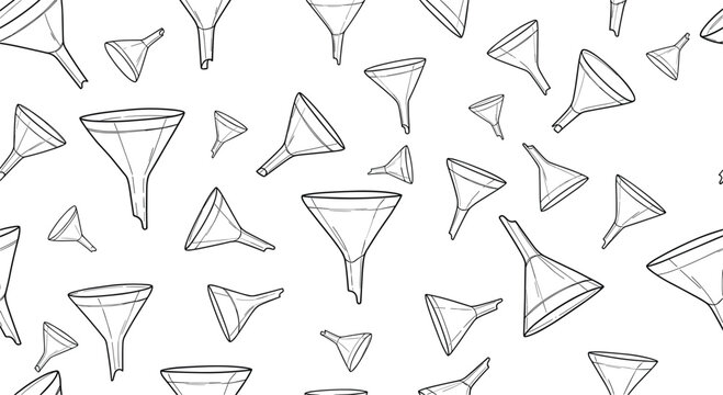 Funnel sketch pattern set featuring hand drawn pouring tools collection seamless background design with various funnel shapes isolated illustration