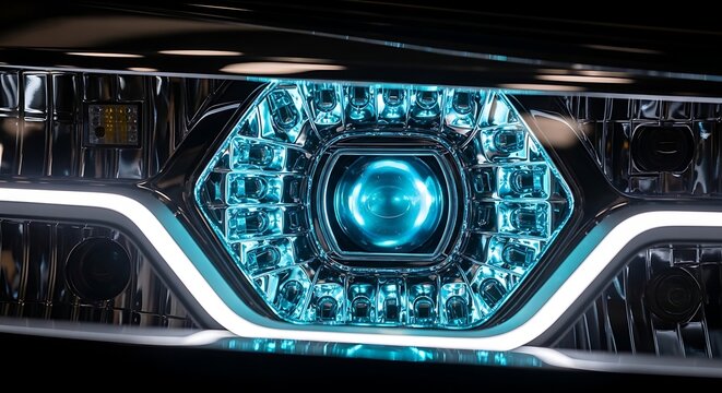 Intricate Geometric Automotive Headlight Assembly Showcases Advanced LED Array and Futuristic Blue Illumination with Polished Chrome Accents Creating a Sophisticated Visual Experience for
