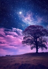 Fototapeta premium Mystical Moonlit Forest Under Purple Night Sky with Glowing Clouds Fantasy Landscape