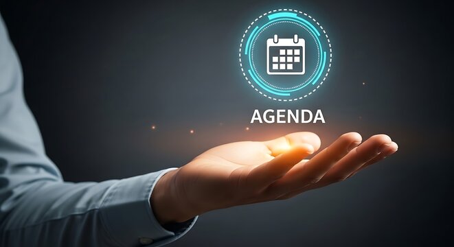 A futuristic depiction of an agenda floating above a person's open palm