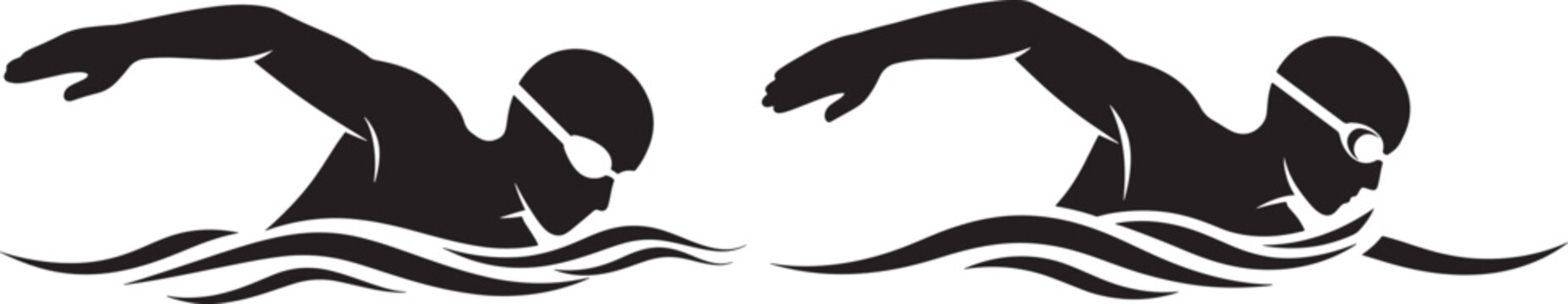 Silhouettes of two swimmers performing the freestyle stroke with black and white with p ywanie with p ywak with styl dowolny with czarno bia y with pr dko with wy cig