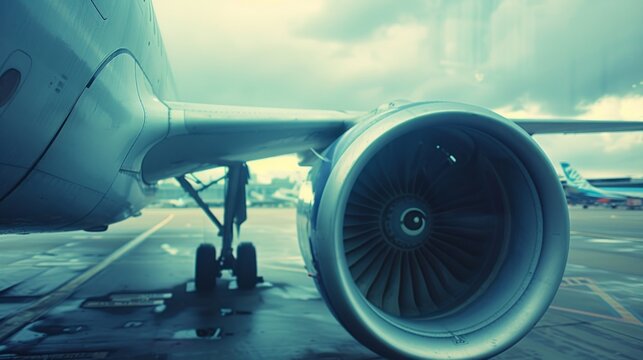 An aeroplane&rsquo;s engine and wing on the runway at the airport in overcast weather, forming a backdrop to the flights.