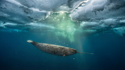 Fototapeta premium Narwhal Under Ice with Emerald Light Shafts
