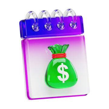 A green money bag with a dollar sign on a calendar page