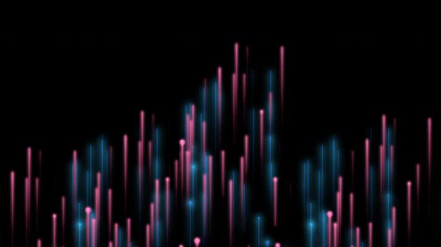 Abstract particle animation of red and blue light streaks rising vertically on a black background, creating a dynamic glowing motion effect.
