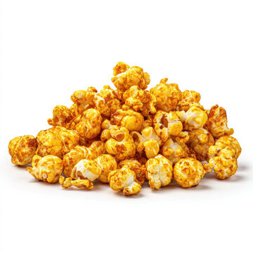 Caramel popcorn pile with golden sweet coating on white background