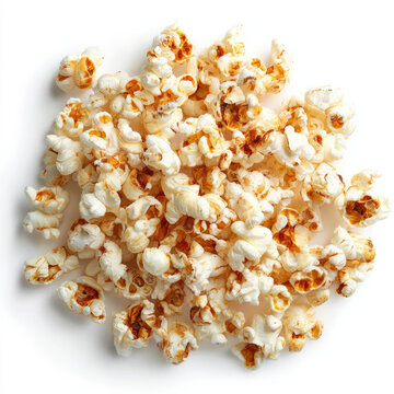 Popcorn pile with golden brown kernels on white background
