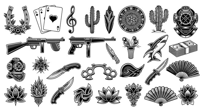 Vintage Tattoo Flash Set with Retro Icons - Black and White Engraving Style featuring Guns, Knives, Flowers, and Gambling Symbols
