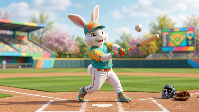 Anthropomorphic white rabbit player batting baseball on green field. Cartoon character swinging bat at flying ball in colorful stadium. Fun sports action with cherry trees in spring background