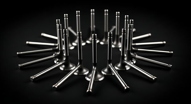 Automotive engine intake and exhaust valves arranged symmetrically in a circular pattern on a dark surface showcasing precision engineering and mechanical components vital for internal