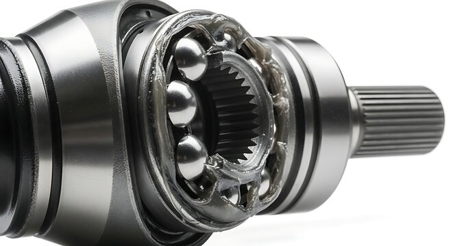 Precision automotive constant velocity joint revealing greased ball bearings and splined shaft components a crucial part for vehicle drivetrain systems providing smooth rotational movement on