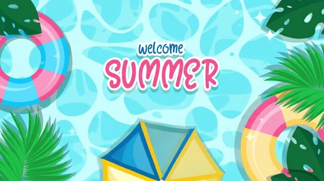 Summer welcome scene with colorful floats and palm trees nearby pool