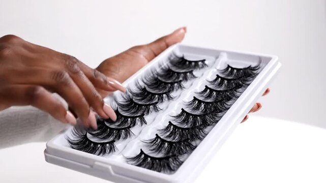 Hand holding false lashes.