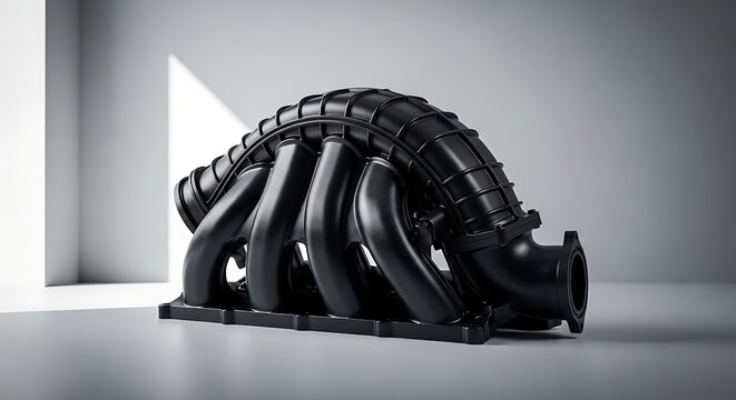 Automotive engine manifold component crafted from durable material presented in a controlled environment with directional lighting highlighting its complex structure and integral mounting points