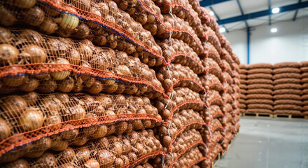 Stacked sacks of onions neatly arranged in storage facility 