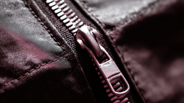 Closeup of zipper on black fabric showing detailed stitching and metal teeth with logistic precision in fastening and durable textile design