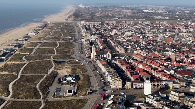Aerial of Katwijk aan Ze, the Netherlands, with the Katwijk Lighthouse and St. Andrew's Church