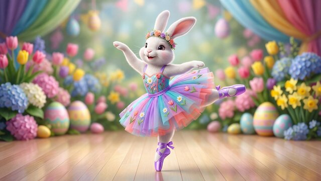 Cute white bunny ballerina dancing on stage surrounded by Easter eggs and spring flowers. Whimsical animal character in tutu for holiday celebration and festive theme