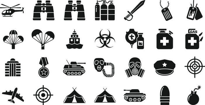 Military army equipment icon set featuring weapons vehicles medical gear parachute tank silhouette collection isolated on white background