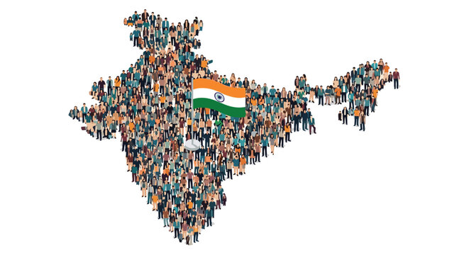 Map of India formed by a diverse crowd of people with the national flag in the center representing population growth.