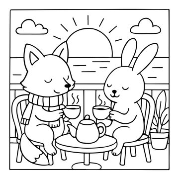 Fox and Rabbit Comfy days cute and comfy cozy coloring pages