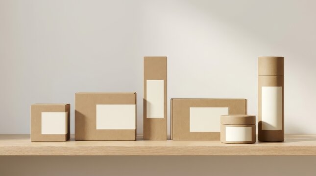 Cardboard product packaging boxes and jar on a wooden shelf