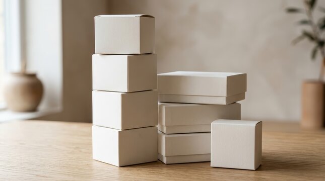 Stacked white cardboard boxes on a wooden surface