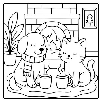 Cat and Dog Comfy days cute and comfy cozy coloring pages