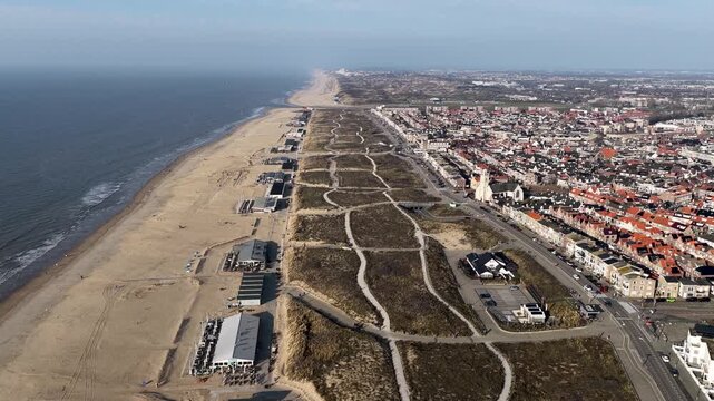 Aerial of Katwijk aan Zee, the Netherlands, with the Katwijk Lighthouse and St. Andrew's Church