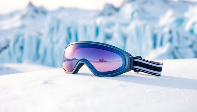Skier goggles rest on snowy surface with icy glacier background