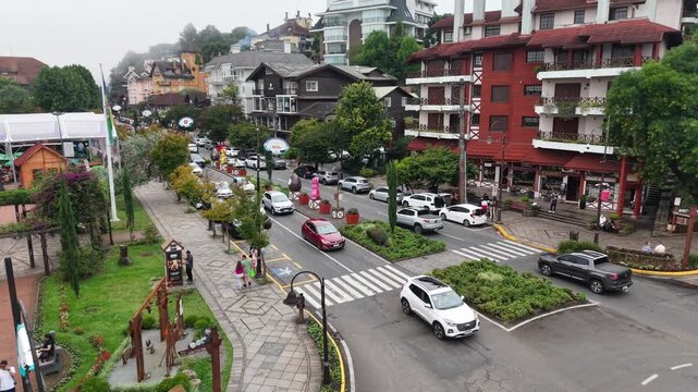 Aerial view of houses with European Alpine-style architecture on Borges de Medeiros Avenue - Gramado, Rio Grande do Sul, Brazil