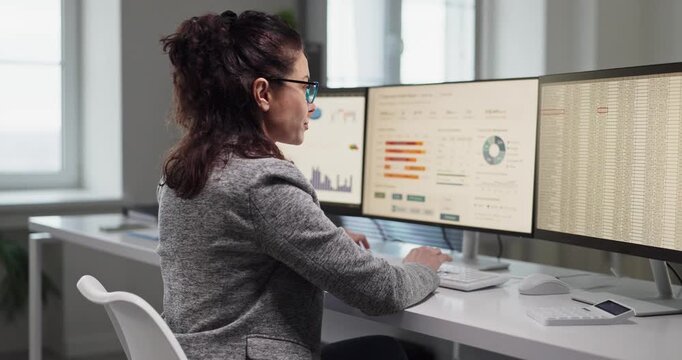 Woman analyst in office reviewing finance data. Dual monitors display charts and KPI dashboards for accounting budgeting and reporting in a clean workspace. Clear concept of business analytics.