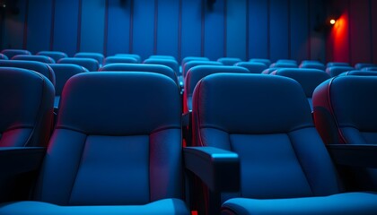 Fototapeta premium Rows of blue cinema seats face the screen in a darkened movie theater.