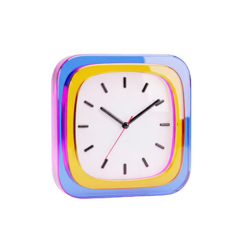 A square clock with a white face and black hands