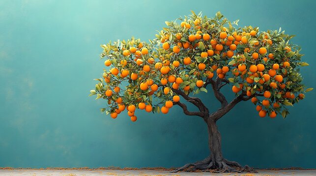 Orange bonsai tree against teal background
