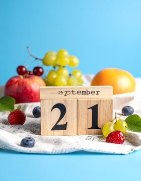 A wooden calendar shows "September 21" amidst an assortment of fresh fruits. Berries, grapes, and a peach are visible