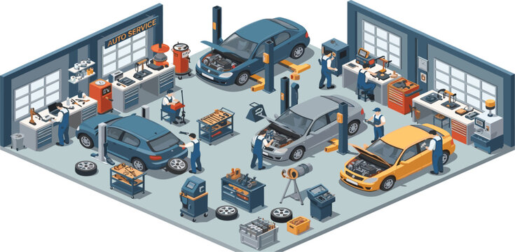 CAuto Repair Service Garage Isometric Illustration with Mechanics Fixing Cars, Workshop Tools, and Vehicle Diagnostics for Automotive Industry Designute Christmas Elf Characters Set with Gift Boxes 