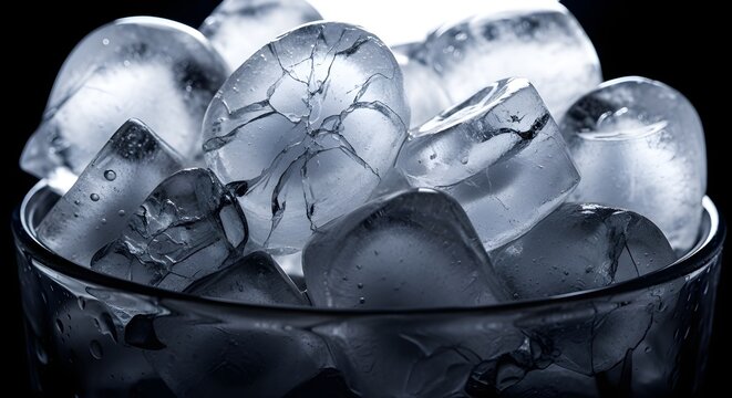 A frozen heart of ice captured in clear blue glass reveals a macro texture of liquid bubbles and frost patterns for an abstract winter background