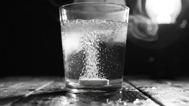 Effervescent Tablet Fizzing and Dissolving in Water Black and White Visuals on Wooden Surface
